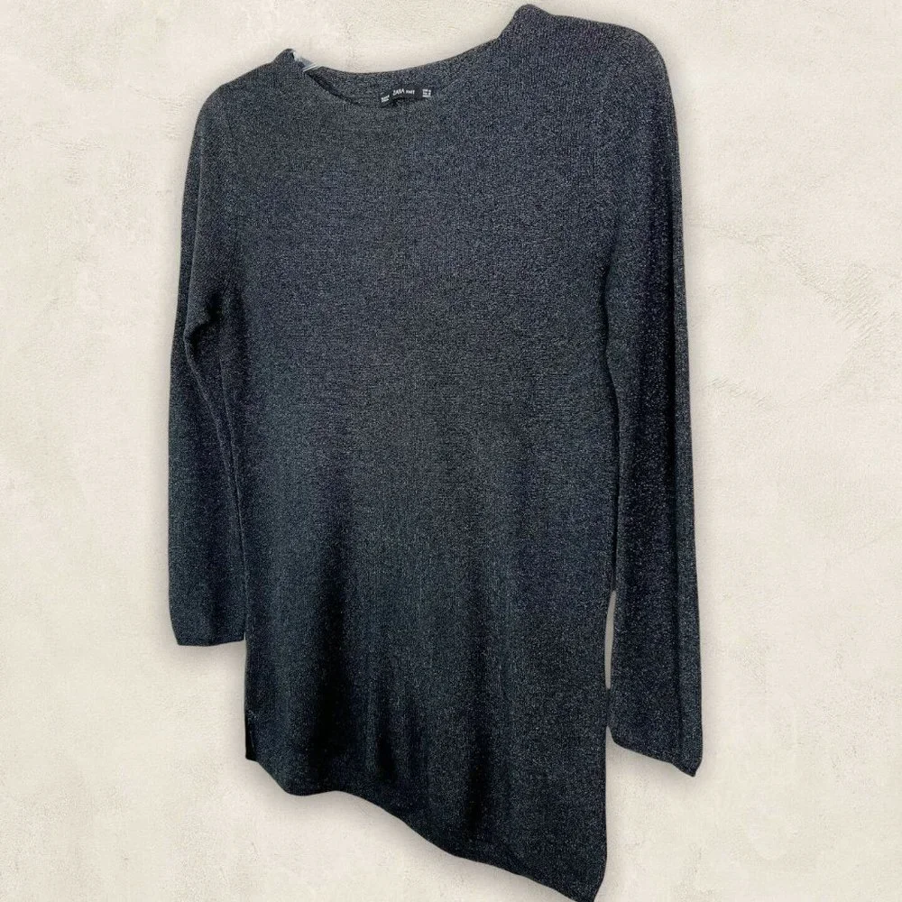Zara Womens Black Metallic Crew Neck Pullover Asymmetrical Knit Sweater Sz M - Picture 3 of 9